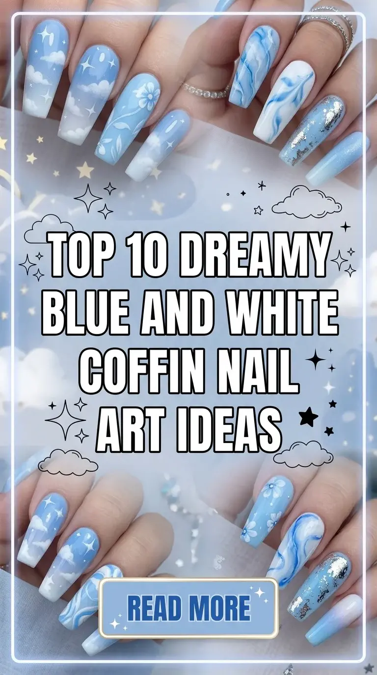 Top 10 Dreamy Blue and White Coffin Nail Art Ideas